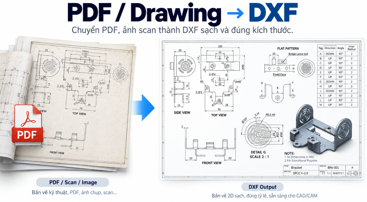 PDF hoặc bản vẽ scan chuyển thành DXF sạch, đúng tỷ lệ và sẵn sàng cho CAD CAM